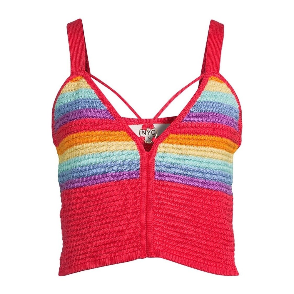 Madden NYC Womens Rainbow Crochet Knit Crop Top‎ Red Heart Ring XL - Picture 2 of 9